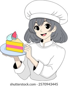 This illustration features a cheerful female pastry chef in a white uniform holding a colorful slice of cake on a plate, exuding charm and professionalism