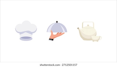 This illustration features a chef's hat, a hand holding a serving cloche, and a teapot with a teacup