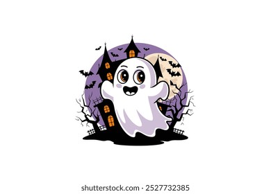 This illustration features a chilling Boo ghost floating ominously in front of a haunted house, surrounded by eerie trees, it captures the spooky essence of the season.