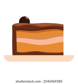 Esta ilustración presenta una rebanada de pastel de chocolate con capas de glaseado, que evoca sentimientos de dulzura y indulgencia