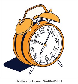 This illustration features a classic twin-bell alarm clock in orange and yellow hues. The time on the clock is about 10:07. The clock is slightly tilted and placed over a dark shadow.