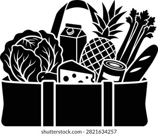 This illustration features a clean black vector silhouette of a grocery bag filled with fresh food, vegetables, and organic products. It is ideal for supermarket branding, grocery store designs, and commercial food projects.