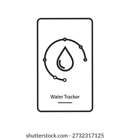 This illustration features a clean and minimalist mobile app interface for a "Water Tracker". The design showcases a central water droplet icon surrounded by a circular progress line with data points, all contained within a smartphone frame.