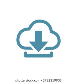 This illustration features a clean and minimalist cloud download icon designed for digital interfaces. The design showcases a stylized cloud outline in a professional teal-blue hue, with a downward-pointing arrow centered inside to represent file retrieval, synchronization, or data downloading.