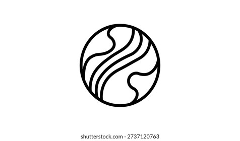This illustration features a clean and professional minimalist icon of a globe, representing global connectivity and environmental awareness. The graphic showcases a circular outline with stylized, flowing black lines inside that represent continents, oceans, or geographical terrains