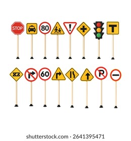 This illustration features a clear and concise set of common road signs and a traffic light. Included are a prominent STOP sign