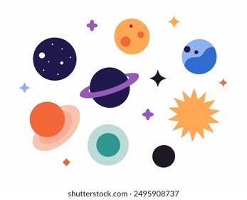 This illustration features a collection of celestial objects in a whimsical, cartoon style. It includes planets, stars, a comet, and a galaxy, all set against a white background. This colorful image i