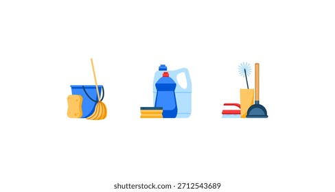 Esta ilustración presenta una colección de herramientas de limpieza, perfectas para varias tareas de limpieza