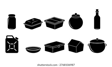 This illustration features a collection of kitchen items including bottles, pots, pans, and storage containers in a simple black and white design, ideal for use in cooking, recipe, or lifestyle related marketing and advertising materials.