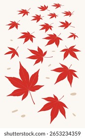 Esta ilustração apresenta uma coleção de folhas de bordo vermelho espalhadas por um fundo bege claro. As folhas são elegantemente moldadas com lobos pontiagudos, capturando a forma clássica de bordo japonês 