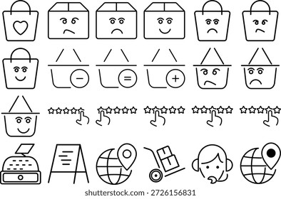 Diese Illustration zeigt eine Sammlung von Einkaufssymbolen, einschließlich Einkaufstaschen, Einkaufswagen und Kisten, die jeweils unterschiedliche Emotionen wie Glück, Traurigkeit und Wut zeigen. Zusätzlich gibt es Symbole, die mathematische Operationen darstellen, Sterne-Bewertungen und verschiedene E-Commerce-Elemente wie Drucker Dokumente Globus-Lieferwagen und Kundendienst. Die Symbole sind einzeln auf transparentem Hintergrund