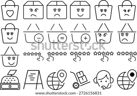 This illustration features a collection of shopping icons including shopping bags carts and boxes each displaying different emotions such as happiness sadness and anger Additionally there are icons representing mathematical operations star ratings and various ecommerce elements like printers documents globe delivery cart and customer service The icons are isolated on a transparent background