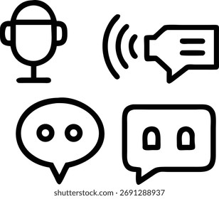 Esta ilustración presenta iconos de comunicación. Incluye un micrófono, burbujas de voz y ondas de sonido, que representan varias formas de comunicación e interacción.