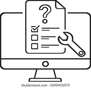 This illustration features a computer monitor displaying a checklist with a question mark and a wrench, symbolizing digital support and troubleshooting. It represents the concept of technical assistan