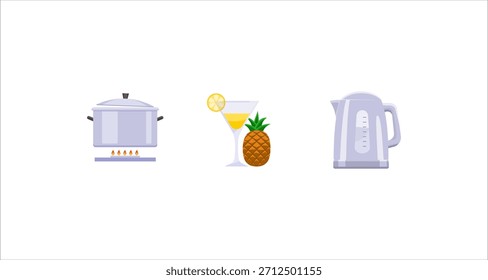 Diese Abbildung zeigt einen Kochtopf auf einem Herd, einen Cocktail mit Ananas und einen Wasserkocher