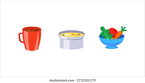 Diese Illustration zeigt eine Tasse Kaffee, eine Schüssel Suppe und einen Salat, alles in einem sauberen, minimalistischen Design