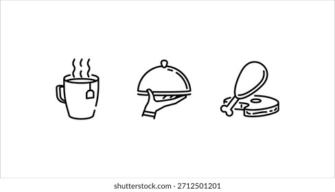 Esta ilustração apresenta uma xícara de chá, uma mão segurando um cloche e uma perna de frango com bife