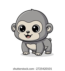 Esta ilustración presenta un mono bebé lindo en un estilo de dibujos animados. El mono es gris y peludo, con ojos grandes y una sonrisa dulce. Ideal para libros infantiles, tarjetas de felicitación, o cualquier proyecto que necesite un toque de ternura.