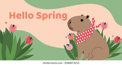 This illustration features a cute capybara with a red scarf surrounded by tulips, celebrating the season with a "Hello Spring" greeting. The playful design and pastel colors create a joyful, seasonal 