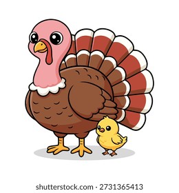 Esta ilustración presenta un lindo pavo de estilo de dibujos animados junto a un pequeño polluelo. Perfecto para el Día de Acción de Gracias, temas de animales de granja, o ilustraciones para niños.