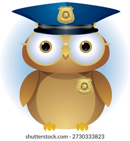 Esta ilustración muestra un lindo y amigable búho vestido como un oficial de policía, con una gorra azul de policía y una insignia dorada. Diseñado en un estilo de dibujos animados, sirve como una mascota alegre de la aplicación de la ley y se utiliza comúnmente como un Vector Libre de regalías para la Mercancía, como camisetas, tazas, pegatinas, carteles y materiales educativos o de marca.