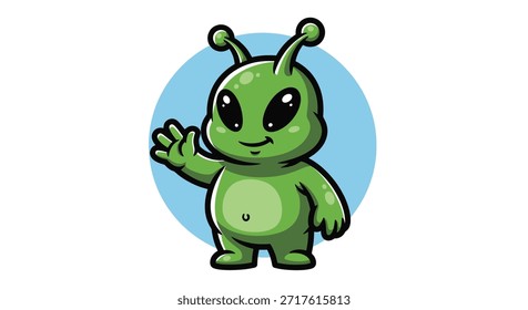 This illustration features a cute, green, cartoon alien waving with a friendly smile. Perfect for children's books, educational materials, or any project needing a touch of extraterrestrial charm.