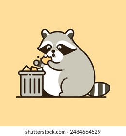 This illustration features a cute Raccoon eating junk food from trash can.