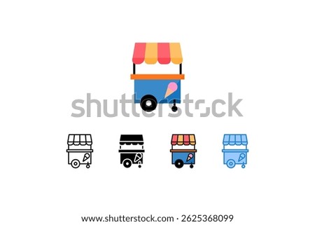 This illustration features a cute and vibrant set of ice cream cart icons in different styles, ideal for food-related design or summer-themed graphics. Perfect for website elements, app icons, or prin
