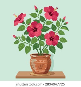 This illustration features a decorative clay pot containing a lush plant with bright red tropical flowers and green leaves. The composition is centered against a soft pastel background, creating a clean and minimalist aesthetic. The artistic style uses flat colors and subtle textures to emphasize the organic shapes of the petals and foliage