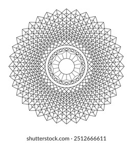 Esta ilustración presenta un diseño de mandala detallado con líneas radiantes y Formas geométricas, creando un patrón visualmente impresionante y calmante.