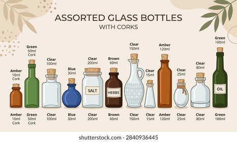 This illustration features a diverse array of glass containers in different shapes, sizes and colors, each sealed with a natural cork stopper. The bottles are organized horizontally against a neutral background with subtle botanical accents. The color palette includes clear, amber, blue, brown and green glass, showcasing a variety of storage options for liquids or dry goods