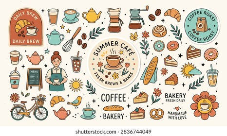 This illustration features a diverse assortment of hand-drawn elements related to a cafe setting. The composition includes various coffee brewing equipment, assorted pastries, cakes and beverages arranged in a whimsical style. Warm and inviting colors are used throughout, creating a cozy atmosphere suitable for culinary or lifestyle themes