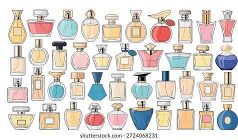 Esta ilustración presenta una colección diversa de botellas de perfume coloridas dispuestas sobre un fondo blanco limpio. Las botellas varían en forma, tamaño y color, mostrando una gama de diseños y estilos. La ilustración es perfecta para su uso en contextos de belleza, moda o estilo de vida, y se puede utilizar para representar la industria del perfume o el mundo de las fragancias.