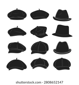 This illustration features a diverse set of twelve black hat silhouettes arranged in a grid. The collection includes various styles such as berets, newsboy caps, fedoras, and flat caps, each outlined with a thin white line for definition. The minimalist design makes it suitable for fashion icons, apparel design, or graphic elements in vintage-themed projects. All hats are presented on a clean white background for easy isolation and use in different layouts.