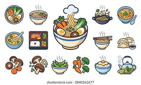 This illustration features a diverse set of pixel art food icons, including steaming bowls of noodles, rice dishes, dumplings and fresh vegetables. The composition is arranged in a grid-like pattern, showcasing vibrant colors and clean outlines for each culinary item. The overall mood is playful and appetizing, perfect for digital menus or culinary-themed design projects