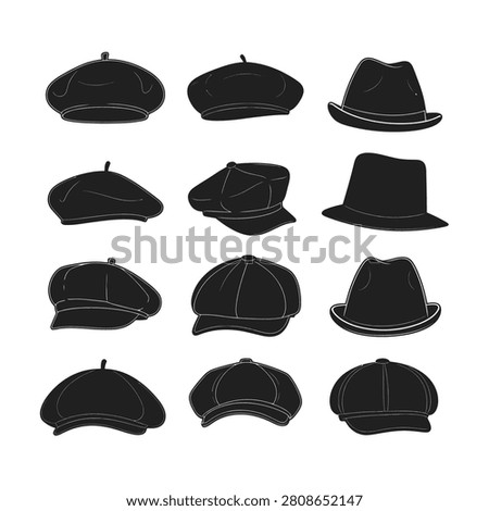 This illustration features a diverse set of twelve black hat silhouettes arranged in a grid. The collection includes various styles such as berets, newsboy caps, fedoras, and flat caps, each outlined with a thin white line for definition. The minimalist design makes it suitable for fashion icons, apparel design, or graphic elements in vintage-themed projects. All hats are presented on a clean white background for easy isolation and use in different layouts.