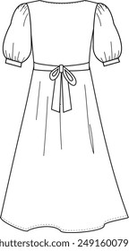 This illustration features a dress with a bow on the back, showcasing the bow’s design, dress silhouette, and seam details. Ideal for fashion designers and garment makers, it provides clear visuals fo