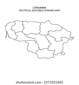 This illustration features an editable outline map of Lithuania, showcasing its political divisions. Ideal for educational or design use, it presents clear borders for customization.