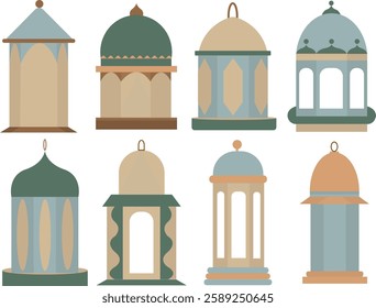 This illustration features eight minimalist Ramadan lanterns in earthy beige, green, and blue tones. The flat design, clean lines, and geometric shapes create a modern, festive, and cultural aesthetic