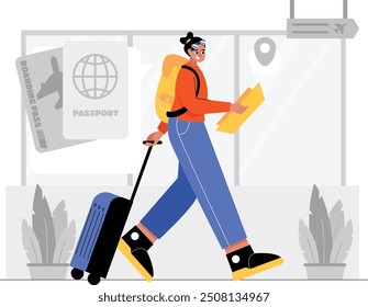 This illustration features a female traveler confidently walking towards the airport terminal, eagerly awaiting her next destination.