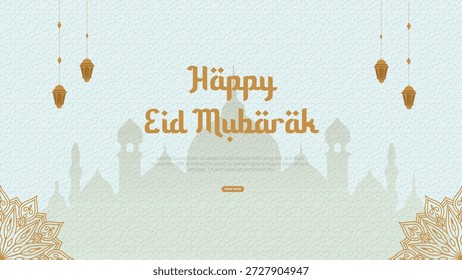 Esta ilustração apresenta uma saudação festiva Happy Eid Mubarak contra um fundo de padrão geométrico islâmico azul claro e branco. O design inclui silhuetas de mesquita, lanternas douradas decorativas e elegantes elementos de mandala perfeitos para bandeiras e cartazes de celebração.