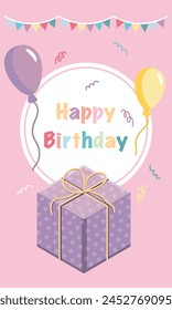This illustration features a festive pink background adorned with colourful balloons and a wrapped present. The text "Happy Birthday" is written in a cheerful font