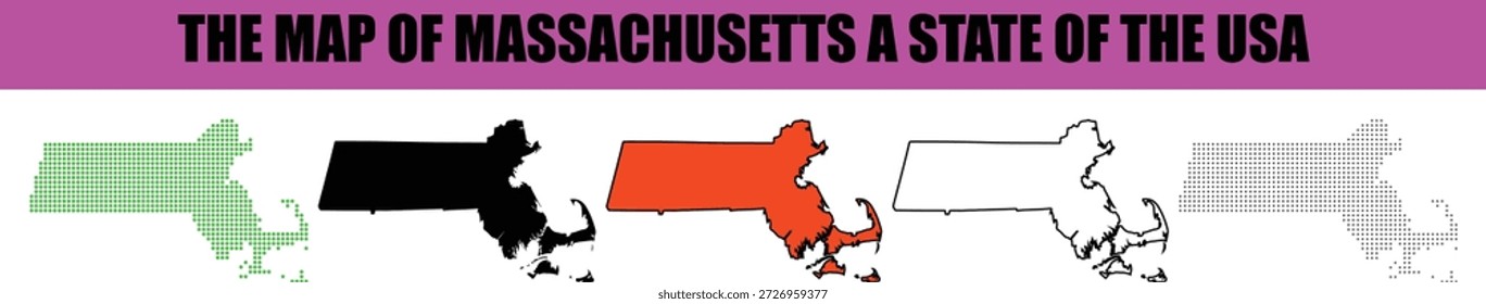 Esta ilustración presenta cinco mapas de Vector distintos del estado de Massachusetts, EE. UU., presentados en una disposición Horizontal. Los diseños incluyen un patrón de puntos verdes vibrantes, una silueta negra sólida, un relleno de naranja llamativo, un contorno negro limpio y una sutil representación de puntos negros, todo aislado sobre un fondo blanco limpio