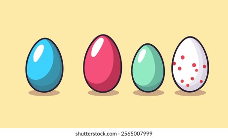 This illustration features four colorful eggs arranged in a row against a light yellow background. The eggs have different colors and patterns, including a solid blue egg.