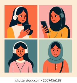 Esta ilustração mostra quatro mulheres envolvidas em uma chamada de vídeo, cada uma representada em sua própria imagem, destacando o alcance global da tecnologia de comunicação moderna