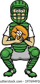 This Illustration Features The Front View Of A Young Baseball Catcher. 