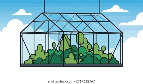 Esta ilustración presenta un invernadero lleno de plantas prósperas contra un telón de fondo de cielo con nubes esponjosas. Transmite temas de naturaleza, crecimiento y conciencia ambiental. Es perfecto para