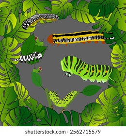 This illustration features a group of cute caterpillars, accompanied by various shapes and sizes of fresh green leaves, ideal for children's education, creative projects, or nature themes.