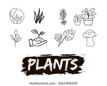 Esta ilustración presenta un grupo de plantas exhibidas en un estilo de Vector. El diseño incluye Elementos de dibujo, bocetos y dibujos animados para crear un efecto visual atractivo.