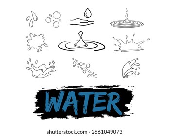 This illustration features a group of water drops, skillfully depicted in a vector style. The artwork emphasizes the beauty and simplicity of water, using line art techniques.